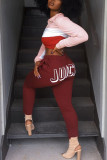 Wine Red Fashion Casual Street Sportswear Blends Letter Print Solid Pants Straight Bottoms