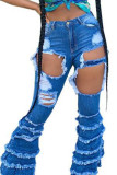 Синие сексуальные джинсовые однотонные рваные узкие плавки со старыми узкими штанами