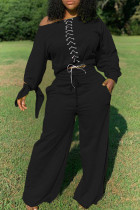Черная модная повседневная однотонная повязка для взрослых с круглым вырезом и длинным рукавом, обычный рукав, обычные две части