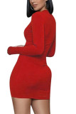 Minifalda lápiz de manga larga con cuello redondo, color rojo, para uso diario, para adultos, de parches lisos