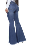 Calça jeans azul escuro fashion sexy casual com botões rasgados cintura alta corte jeans