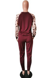 Wine Red Fashion Casual Blends Patchwork Print Solid Patchwork Pants Long Sleeve Regular Sleeve Regular Two Pieces
