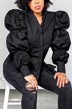Black Fashion Street Adult Polyester Solid Split Joint Mandarin Collar Tops