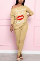 Khaki Fashion Sexy Adult Print Letter One Shoulder Long Sleeve Batwing Sleeve Regular Two Pieces