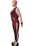 Wine Red Fashion Casual Blends Patchwork Print Solid Patchwork Pants Long Sleeve Regular Sleeve Regular Two Pieces