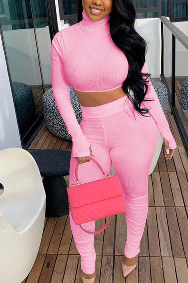 Pink Fashion Sexy Adult Solid Patchwork Turtleneck Long Sleeve Cap Sleeve Short Two Pieces