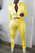 Pantalon de sport imprimé Tie-dye jaune, vêtements de sport décontractés, col à fermeture éclair, manches longues, manches régulières, court, deux pièces