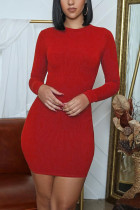 Красные модные повседневные однотонные лоскутные мини-юбки-юбки с круглым вырезом и длинными рукавами для взрослых, платья