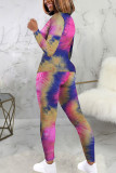 Pink Fashion Sexy Adult Print Tie-dye O Neck Long Sleeve Regular Sleeve Regular Two Pieces