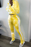 Yellow Casual Sportswear Print Tie-dye Pants Zipper Collar Long Sleeve Regular Sleeve Short Two Pieces