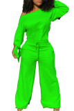 Fluorescerande grönt Mode Casual Vuxen Solid Draw String One Shoulder Lösa Jumpsuits