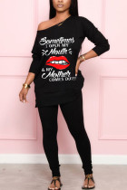 Black Fashion Sexy Adult Print Letter One Shoulder Long Sleeve Batwing Sleeve Regular Two Pieces