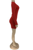 Red Fashion Daily Adult Solid Patchwork O Neck Long Sleeve Mini Pencil Skirt Dresses