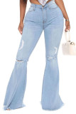 Dark Blue Fashion Sexy Casual Solid Buttons Pants High Waist Distressed Boot Cut Ripped Denim Jeans