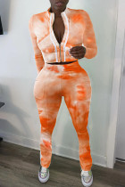 Orange Casual Sportswear Print Tie-dye Pants Zipper Collar Long Sleeve Regular Sleeve Short Two Pieces