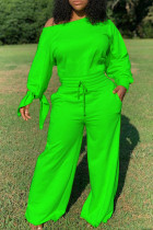 Fluorescerend groen Mode Toevallig Volwassen Effen Trekkoord Een Schouder Losse Jumpsuits