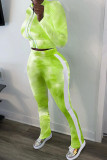 Grüne lässige Sportswear-Druck-Tie-Dye-Hose, Reißverschlusskragen, lange Ärmel, normale Ärmel, kurze Zweiteile
