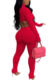 Red Fashion Sexy Adult Solid Patchwork Turtleneck Long Sleeve Cap Sleeve Short Two Pieces