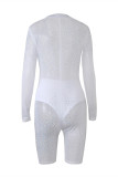 White Casual Fashion Mesh zipper Sequin perspective Asymmetrical Long Sleeve Turndown Collar 