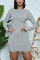 Grey Fashion Daily Vuxen Solid Patchwork O Neck Långärmad Mini Pencil Skirt Klänningar