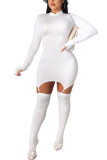 Weißes modisches Alltagskleid für Erwachsene, solides Patchwork-O-Ausschnitt, knielanges Langarmkleid