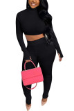 Pink Fashion Sexy Adult Solid Patchwork Turtleneck Long Sleeve Cap Sleeve Short Two Pieces