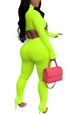 Fluorescent green Fashion Sexy Adult Solid Patchwork Turtleneck Long Sleeve Cap Sleeve Short Two Pieces