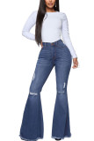 Baby Blue Fashion Sexy Casual Solide Ripped Buttons Pants High Waist Boot Cut Denim