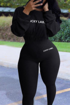 Schwarze sexy lässige Sportbekleidung mit Buchstaben, einfarbig, bestickte Hose, O-Ausschnitt, dünne Overalls