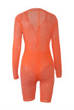 Orange Casual Fashion Mesh zipper Sequin perspective Asymmetrical Long Sleeve Turndown Collar 