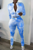 Pantalon de sport imprimé Tie-dye bleu, vêtements de sport décontractés, col à fermeture éclair, manches longues, manches régulières, court, deux pièces