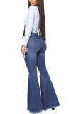 Dark Blue Fashion Sexy Casual Solid Ripped Buttons Pants High Waist Boot Cut Denim