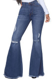 Dark Blue Fashion Sexy Casual Solid Buttons Pants High Waist Distressed Boot Cut Ripped Denim Jeans