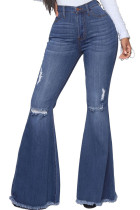 Calça jeans azul escuro fashion sexy casual com botões rasgados cintura alta corte jeans