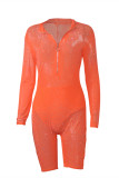 Orange Casual Fashion Mesh zipper Sequin perspective Asymmetrical Long Sleeve Turndown Collar 