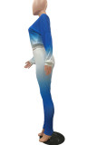 Синяя модная повседневная одежда для взрослых с постепенным изменением в стиле пэчворк с круглым вырезом с длинным рукавом и короткими рукавами с обычными рукавами из двух частей