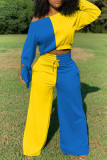 黄色と青のファッションカジュアルパッチワーク固体パッチワークパンツ結び目バトーネック長袖レギュラースリーブレギュラー XNUMX ピース
