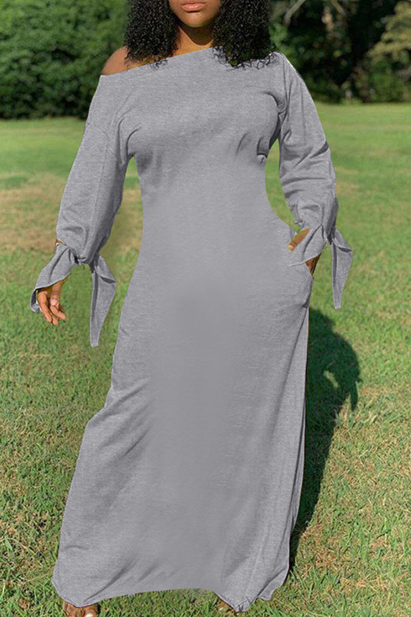 Grau Mode Täglich Erwachsene Solide geknotet Schrägkragen Langarm Bodenlangen Langarm Kleid Kleider