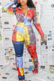 Tute skinny con colletto di turndown patchwork con stampa per adulti sexy moda multicolore
