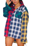 multicolor Fashion Casual Blends Plaid Patchwork Print Patchwork Buttons Cardigan Shirt Collar Tops