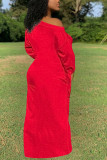 Rote Mode Täglich Erwachsene Solide Geknotet Schrägkragen Langarm Bodenlangen Langarm Kleid Kleider
