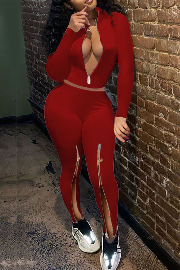 Pantaloni sexy rossi da festa in fibra di latte solidi con apertura alta Colletto con cerniera Manica lunga Manica regolare Due pezzi regolari