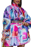 Vestidos de moda multicoloridos com estampa diária gola mandarim manga longa (sem cinto)