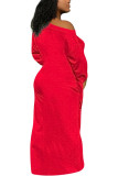 Красное модное повседневное платье для взрослых с однотонным узлом и косым воротником, с длинным рукавом, длиной до пола, платье с длинным рукавом, платья