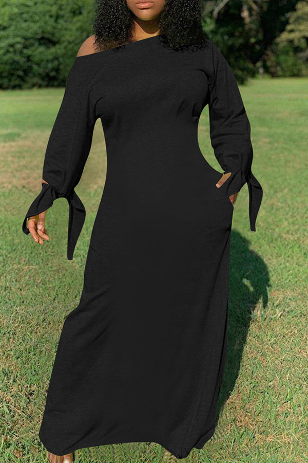 Schwarz Mode Täglich Erwachsene Solide geknotet Schrägkragen Langarm Bodenlangen Langarm Kleid Kleider