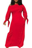 Rött mode dagligen vuxen solid knuten sned krage långärmad golvlängd långärmad klänning
