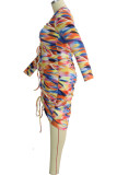 Color Falda de tubo con cuello redondo y pliegue de frenillo con estampado de satén y sarga sexy de talla grande