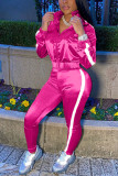 Розовая повседневная уличная спортивная одежда Смешанные лоскутные однотонные лоскутные брюки Воротник на молнии с длинным рукавом Обычный рукав Обычные две вещи