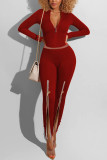 Rode sexy feestmelkvezel effen broek met hoge opening, ritssluiting, kraag, lange mouw, normale mouw, normale twee stukken