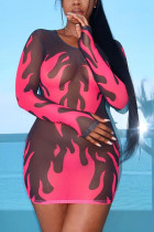 Розово-красное модное повседневное платье с принтом для взрослых, прозрачное мини-платье с круглым вырезом и длинным рукавом, платья с принтом